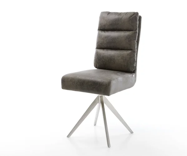 Chaise-de-salle-à-manger Pela-Flex microvelours gris antique pied croisé angulaire acier inoxydable brossé ressorts ensachés
