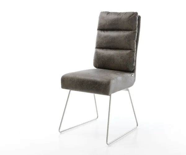 Chaise-de-salle-à-manger Pela-Flex microvelours gris antique pied trapèze acier inoxydable brossé ressorts ensachés
