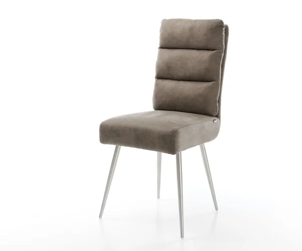 Chaise-de-salle-à-manger Pela-Flex microvelours taupe vintage 4 pieds coniques acier inoxydable brossé ressorts ensachés