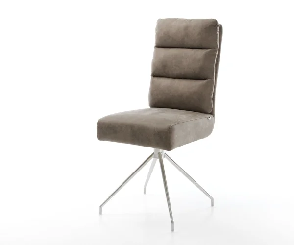 Chaise-de-salle-à-manger Pela-Flex microvelours taupe vintage pied croisé conique acier inoxydable brossé ressorts ensachés