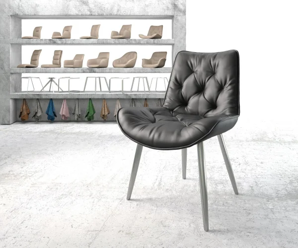 Chaise-de-salle-à-manger Taimi-Flex cuir de vache noir 4 pieds coniques acier inoxydable brossé