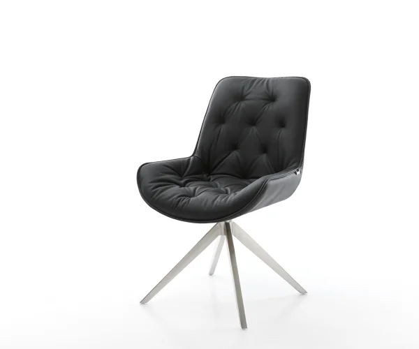 Chaise-de-salle-à-manger Taimi-Flex cuir de vache noir pied croisé large acier inoxydable brossé