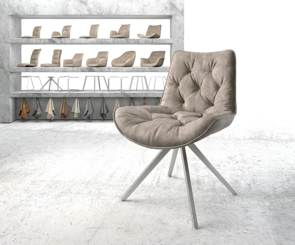 Chaise-de-salle-à-manger Taimi-Flex microvelours taupe vintage pied croisé angulaire acier inoxydable brossé