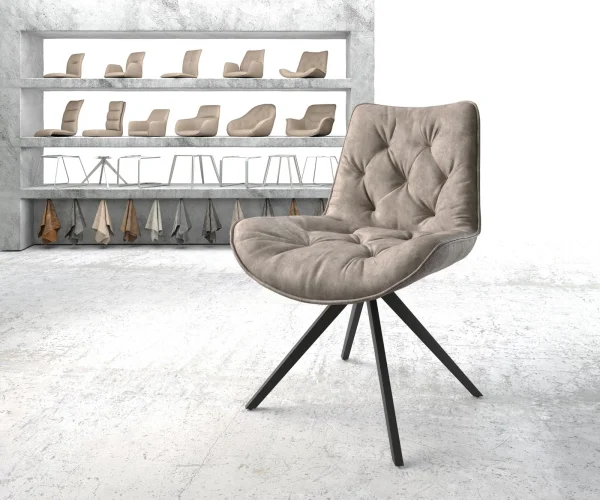 Chaise-de-salle-à-manger Taimi-Flex microvelours taupe vintage pied croisé angulaire noir