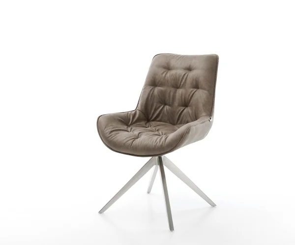 Chaise-de-salle-à-manger Taimi-Flex microvelours taupe vintage pied croisé large acier inoxydable brossé