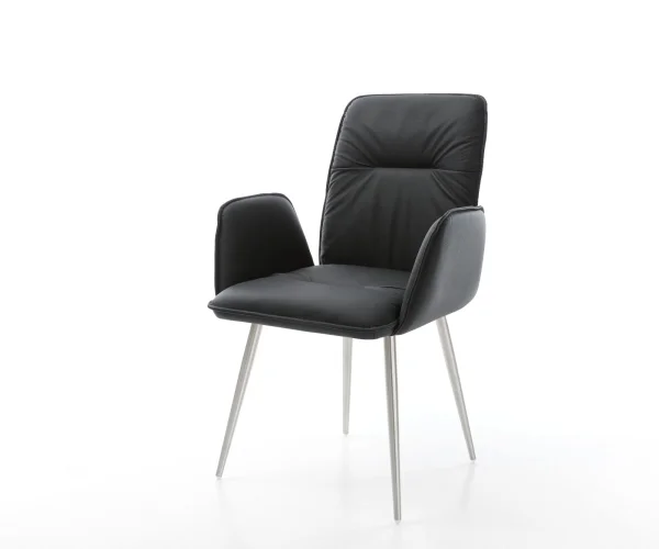 Chaise-de-salle-à-manger Vinja-Flex cuir de vache noir 4 pieds coniques acier inoxydable brossé