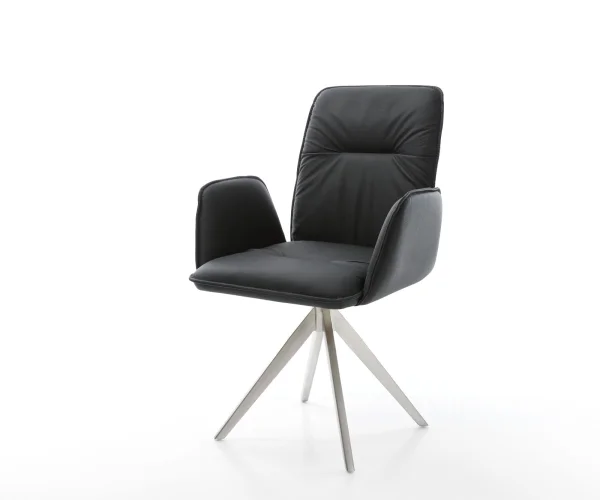 Chaise-de-salle-à-manger Vinja-Flex cuir de vache noir pied croisé angulaire acier inoxydable brossé
