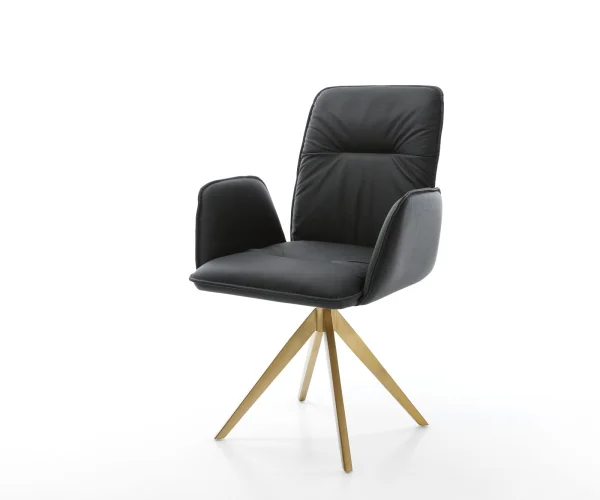 Chaise-de-salle-à-manger Vinja-Flex cuir de vache noir pied croisé angulaire or