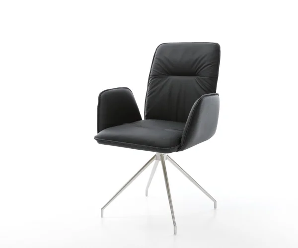 Chaise-de-salle-à-manger Vinja-Flex cuir de vache noir pied croisé conique acier inoxydable brossé
