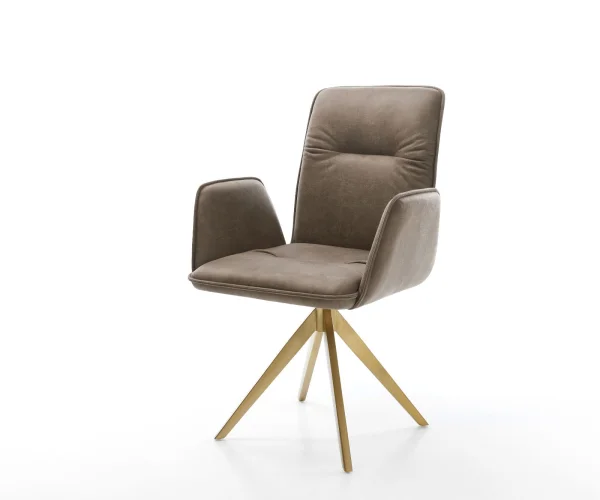 Chaise-de-salle-à-manger Vinja-Flex microvelours taupe vintage pied croisé angulaire or