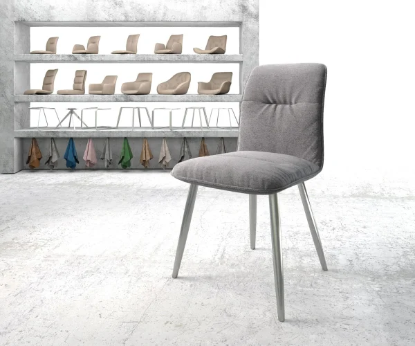 Chaise-de-salle-à-manger Vinjo-Flex tissu texturé gris clair 4 pieds coniques acier inoxydable brossé