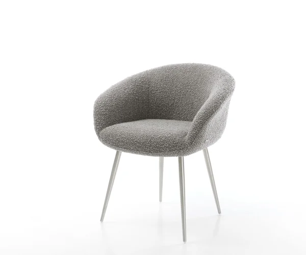 Chaise-de-salle-à-manger Vinka-Flex avec accoudoirs bouclé gris argenté 4 pieds coniques acier inoxydable brossé ressorts ensachés