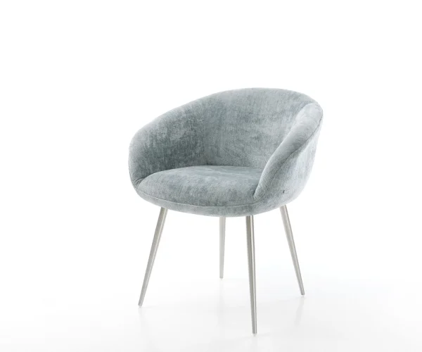 Chaise-de-salle-à-manger Vinka-Flex avec accoudoirs chenille bleu pastel 4 pieds coniques acier inoxydable brossé ressorts ensachés