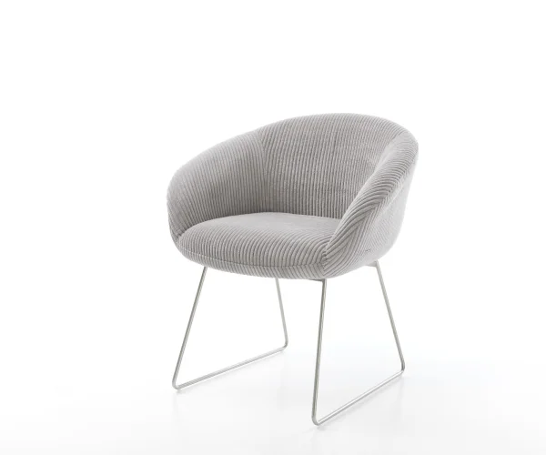 Chaise-de-salle-à-manger Vinka-Flex avec accoudoirs côtelé gris argenté pied trapèze acier inoxydable brossé ressorts ensachés