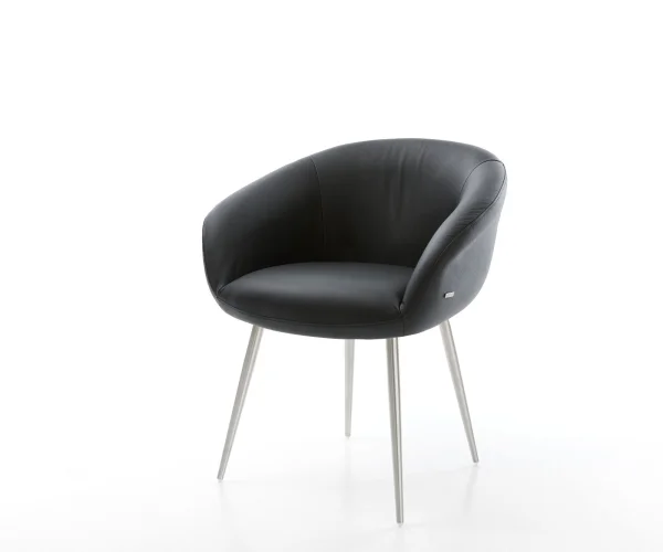Chaise-de-salle-à-manger Vinka-Flex avec accoudoirs cuir de vache noir 4 pieds coniques acier inoxydable brossé ressorts ensachés