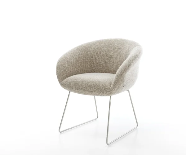 Chaise-de-salle-à-manger Vinka-Flex avec accoudoirs tissu tissé doux beige pied trapèze acier inoxydable resorts ensachés