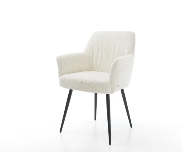 Chaise-de-salle-à-manger Xana-Flex avec accoudoirs bouclé blanc 4 pieds coniques noir ressorts ensachés