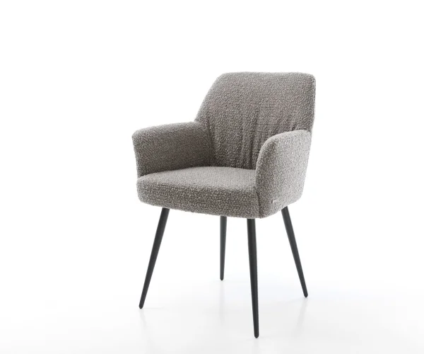 Chaise-de-salle-à-manger Xana-Flex avec accoudoirs bouclé gris argenté 4 pieds coniques noir ressorts ensachés