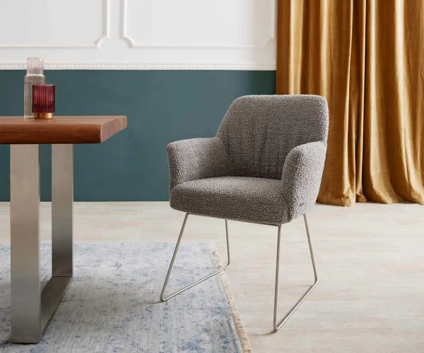 Chaise-de-salle-à-manger Xana-Flex avec accoudoirs bouclé gris argenté pied trapèze acier inoxydable brossé ressorts ensachés