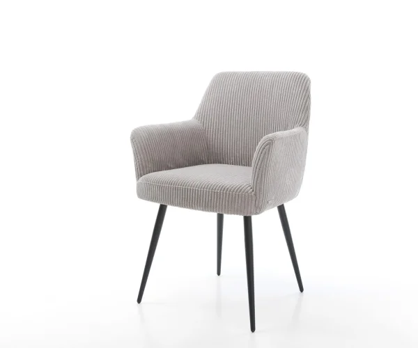 Chaise-de-salle-à-manger Xana-Flex avec accoudoirs côtelé gris argenté 4 pieds coniques noir ressorts ensachés