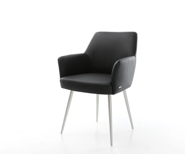 Chaise-de-salle-à-manger Xana-Flex avec accoudoirs cuir de vache noir 4 pieds coniques acier inoxydable brossé ressorts ensachés