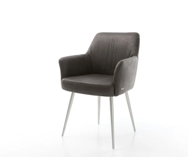 Chaise-de-salle-à-manger Xana-Flex avec accoudoirs microvelours anthracite vintage 4 pieds coniques acier inoxydable brossé ressorts ensachés