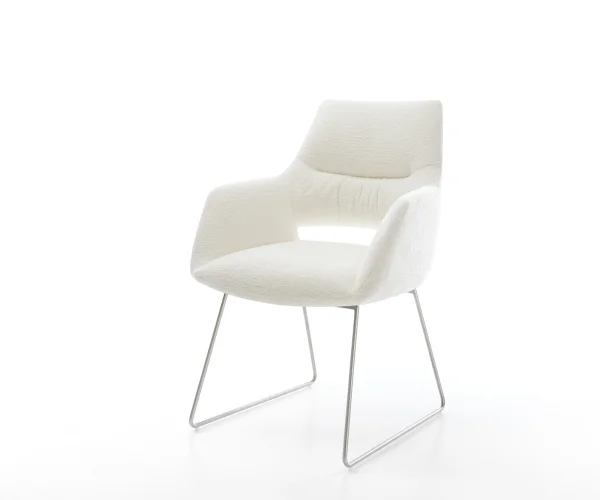 Chaise-de-salle-à-manger Yago-Flex avec accoudoirs bouclé doux beige pied trapèze acier inoxydable resorts ensachés