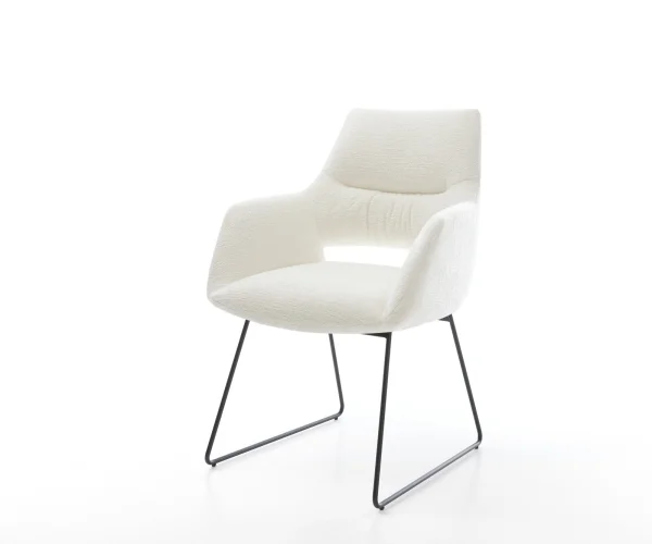 Chaise-de-salle-à-manger Yago-Flex avec accoudoirs bouclé doux beige pied trapèze noir resorts ensachés