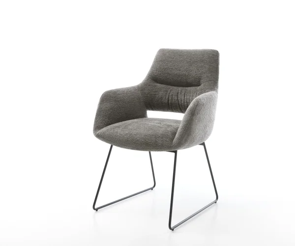 Chaise-de-salle-à-manger Yago-Flex avec accoudoirs bouclé doux couleur boue pied trapèze noir resorts ensachés