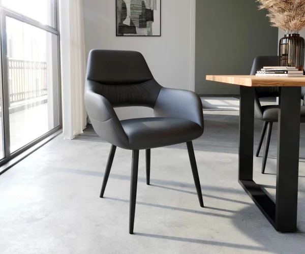 Chaise-de-salle-à-manger Yago-Flex avec accoudoirs cuir de vache noir 4 pieds coniques noir ressorts ensachés