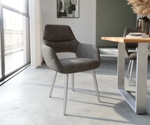 Chaise-de-salle-à-manger Yago-Flex avec accoudoirs microvelours anthracite vintage 4 pieds coniques acier inoxydable brossé ressorts ensachés