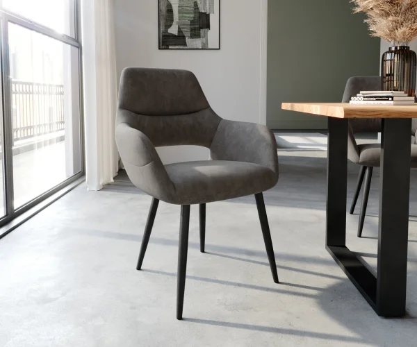 Chaise-de-salle-à-manger Yago-Flex avec accoudoirs microvelours anthracite vintage 4 pieds coniques noir ressorts ensachés