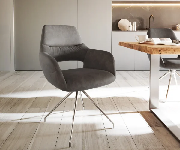 Chaise-de-salle-à-manger Yago-Flex avec accoudoirs microvelours anthracite vintage pied croisé conique acier inoxydable brossé ressorts ensachés