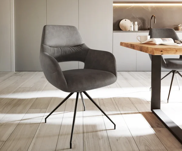 Chaise-de-salle-à-manger Yago-Flex avec accoudoirs microvelours anthracite vintage pied croisé conique noir ressorts ensachés
