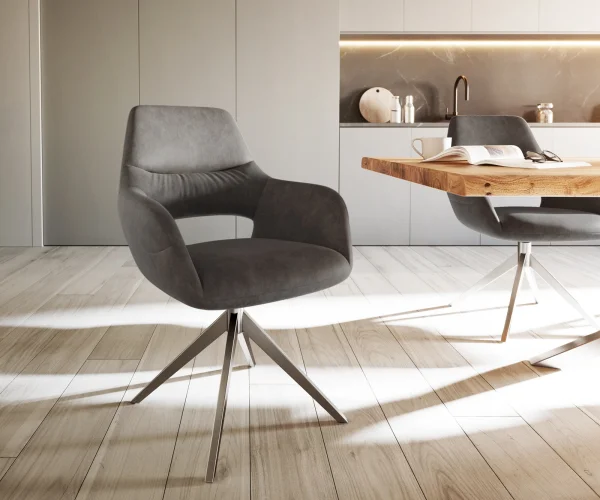 Chaise-de-salle-à-manger Yago-Flex avec accoudoirs microvelours anthracite vintage pied croisé large acier inoxydable brossé ressorts ensachés