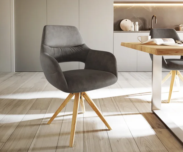 Chaise-de-salle-à-manger Yago-Flex avec accoudoirs microvelours anthracite vintage pied en bois angulaire naturel ressorts ensachés