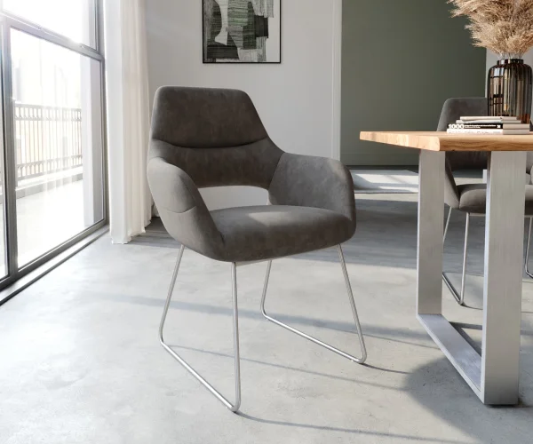 Chaise-de-salle-à-manger Yago-Flex avec accoudoirs microvelours anthracite vintage pied trapèze acier inoxydable brossé ressorts ensachés