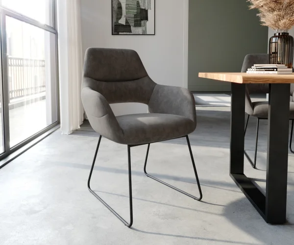 Chaise-de-salle-à-manger Yago-Flex avec accoudoirs microvelours anthracite vintage pied trapèze noir ressorts ensachés