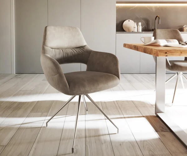 Chaise-de-salle-à-manger Yago-Flex avec accoudoirs microvelours taupe vintage pied croisé conique acier inoxydable brossé ressorts ensachés