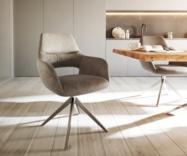 Chaise-de-salle-à-manger Yago-Flex avec accoudoirs microvelours taupe vintage pied croisé large acier inoxydable brossé ressorts ensachés