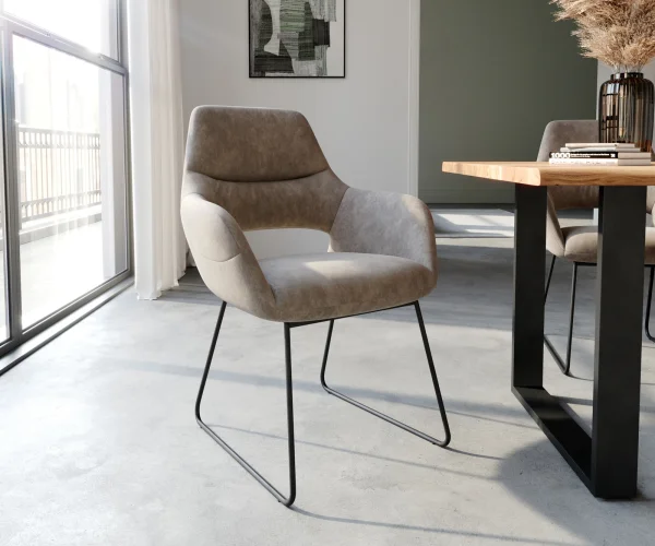 Chaise-de-salle-à-manger Yago-Flex avec accoudoirs microvelours taupe vintage pied trapèze noir ressorts ensachés
