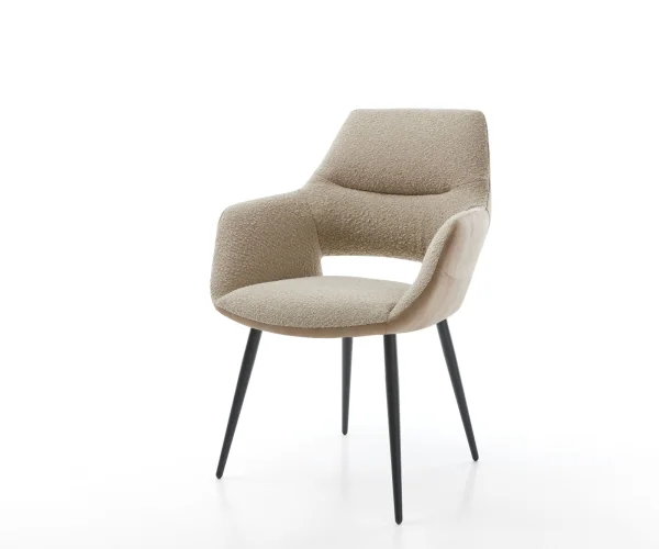 Chaise-de-salle-à-manger Yago-Flex avec accoudoirs tissu mixte couleur boue 4 pieds coniques noir ressorts ensachés