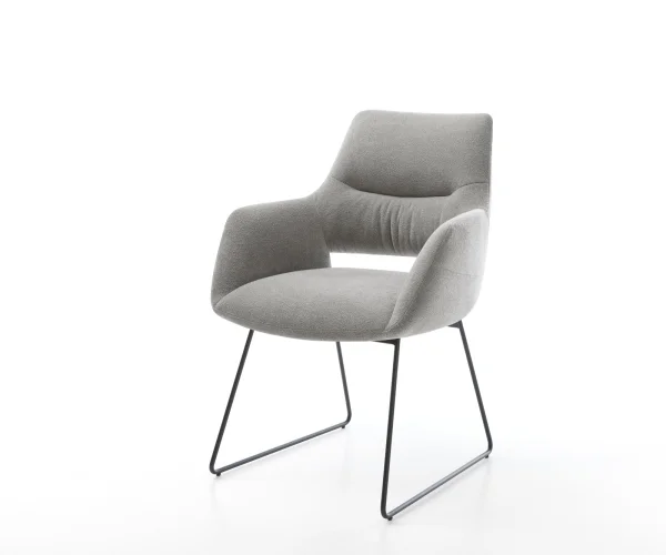 Chaise-de-salle-à-manger Yago-Flex avec accoudoirs tissu structuré doux gris pied trapèze noir resorts ensachés