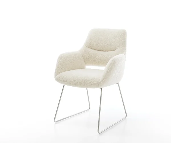 Chaise-de-salle-à-manger Yago-Flex avec accoudoirs tissu teddy beige pied trapèze acier inoxydable resorts ensachés