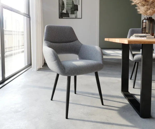 Chaise-de-salle-à-manger Yago-Flex avec accoudoirs tissu texturé gris clair 4 pieds coniques noir ressorts ensachés