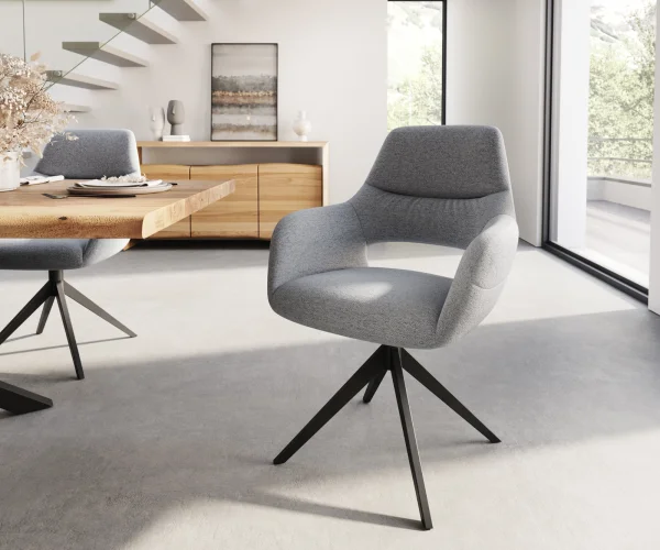 Chaise-de-salle-à-manger Yago-Flex avec accoudoirs tissu texturé gris clair pied croisé large noir ressorts ensachés
