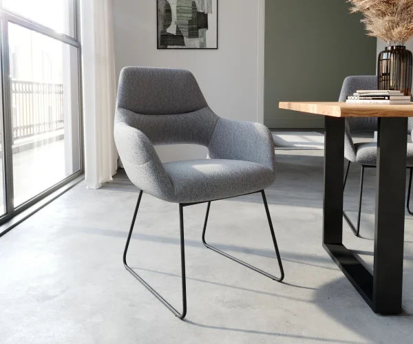 Chaise-de-salle-à-manger Yago-Flex avec accoudoirs tissu texturé gris clair pied trapèze noir ressorts ensachés