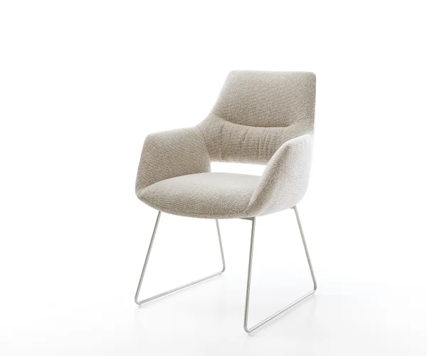 Chaise-de-salle-à-manger Yago-Flex avec accoudoirs tissu tissé doux beige pied trapèze acier inoxydable resorts ensachés