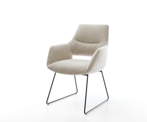 Chaise-de-salle-à-manger Yago-Flex avec accoudoirs tissu tissé doux beige pied trapèze noir resorts ensachés