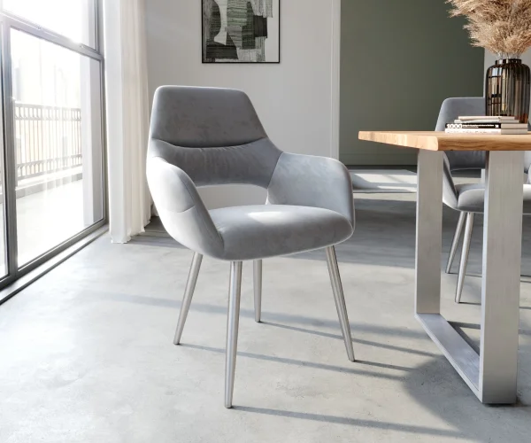Chaise-de-salle-à-manger Yago-Flex avec accoudoirs velours gris 4 pieds coniques acier inoxydable brossé ressorts ensachés